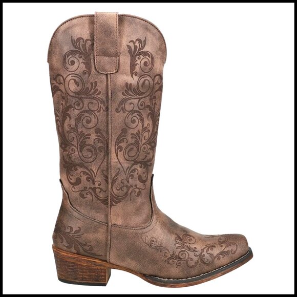 Shoes - Faux Leather Embroidered Snip Toe Mid Calf Boots Low Heel Western Style